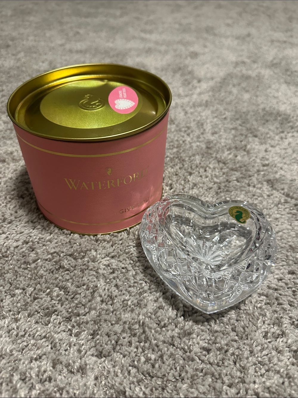 Waterford Clear Crystal Heart Dish with Pink & Gold Tin